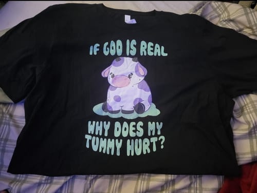 Customer photo review of If God Is Real Why Does My Tummy Hurt (Cow) Unisex t-shirt