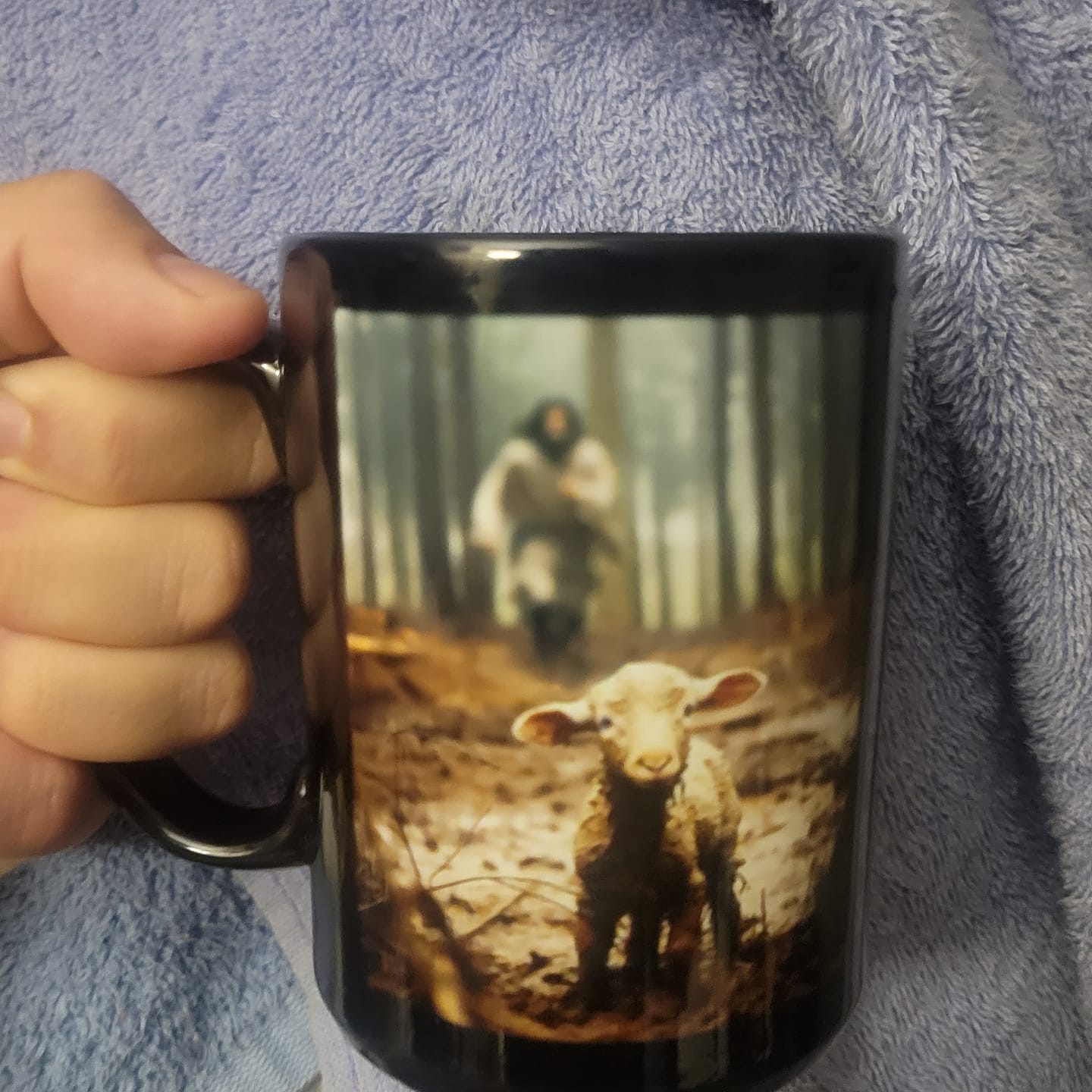 Customer photo review of Jesus With The Sheep, Jesus Running After Lamb Coffee Mug (Without Text)