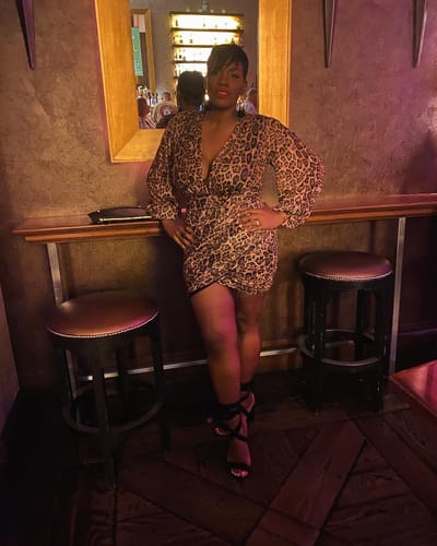 Customer photo review of Deniz Surplice Leopard Print Mini Dress - Brown