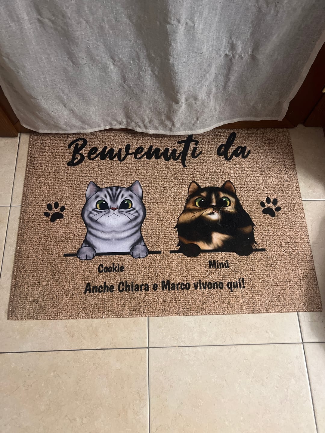 Customer photo review of Benvenuti da gatti curiosi - Zerbino personalizzato