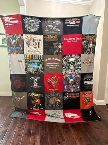 T-shirt quilt with motorcycling, biker culture themes by Ricky from TN