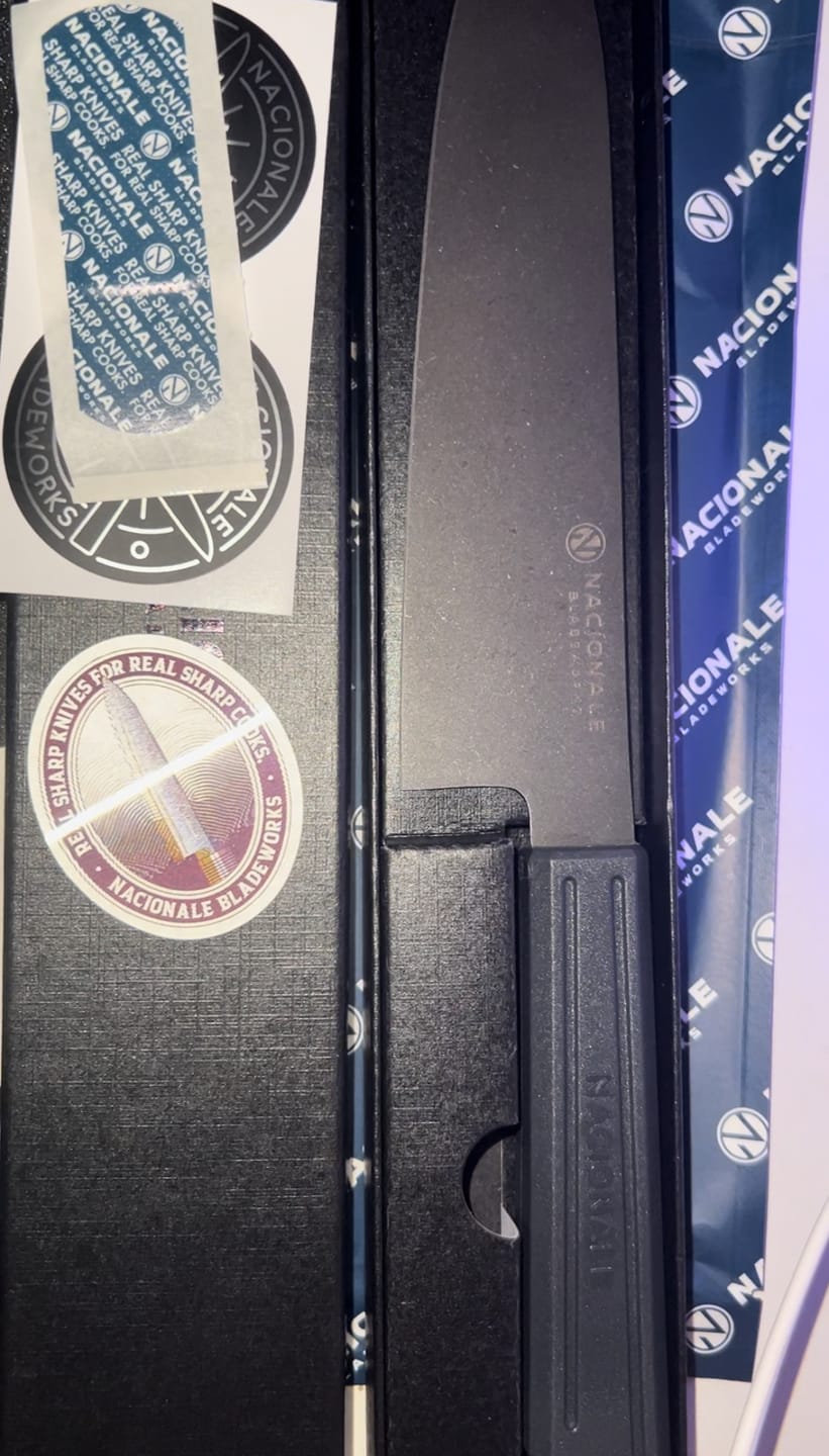 Customer photo review of 185mm Gyuto. Black Stonewashed AUS8. Black Recycled Plastic Skateboard Material Handle