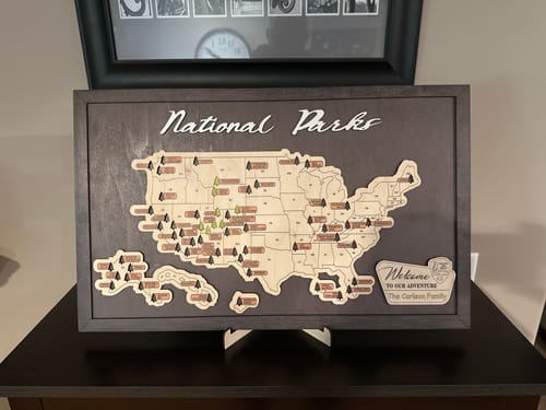 Customer photo review of US Wooden National Parks Travel Map With Trees To Record Park Visits (Coffee)