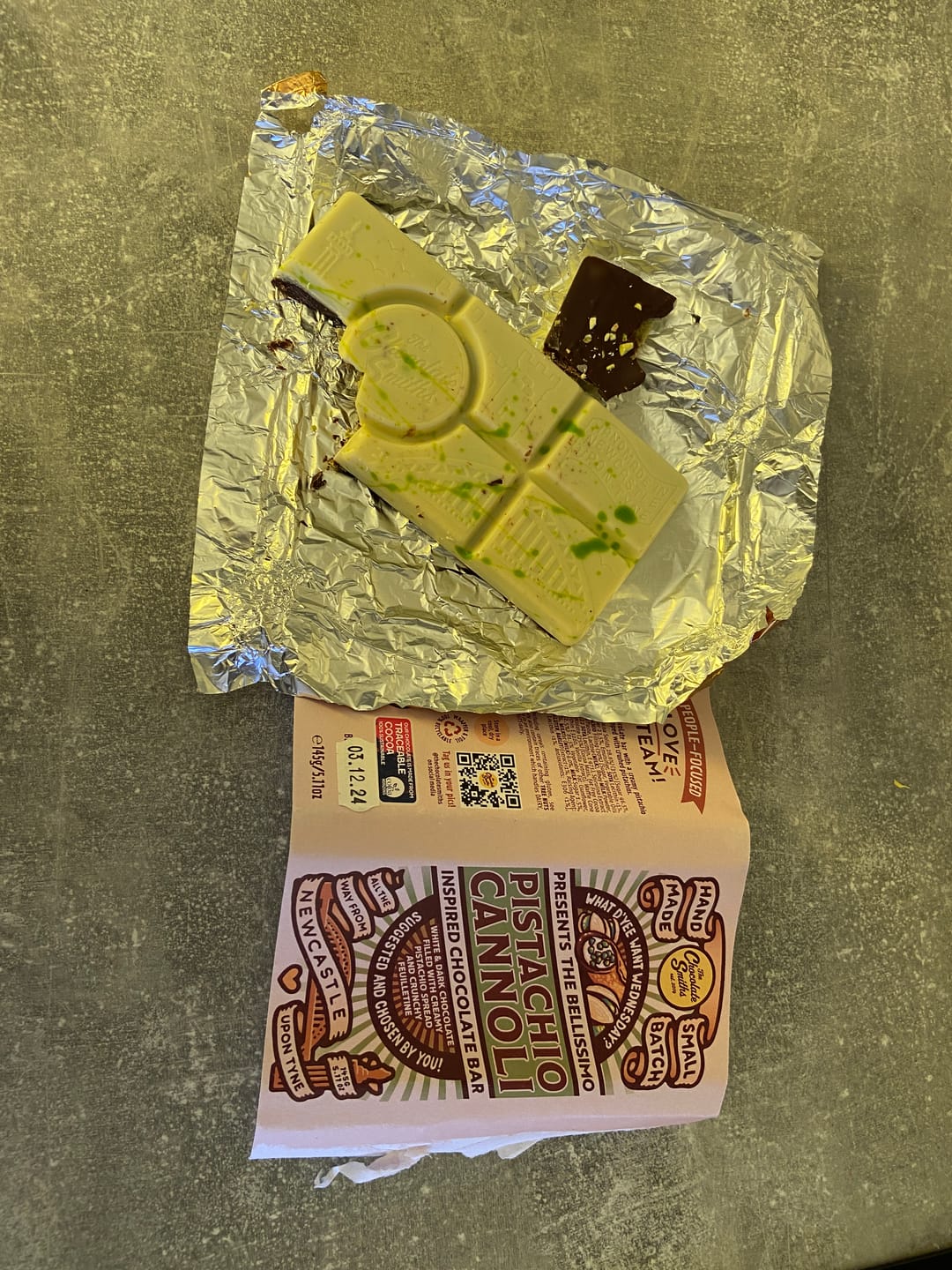 Customer photo review of Pistachio and Cannoli Inspired What D' Yee Want Wednesday Bar 100g