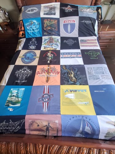 T-shirt quilt with surfing, beach culture themes by Jeff from AZ