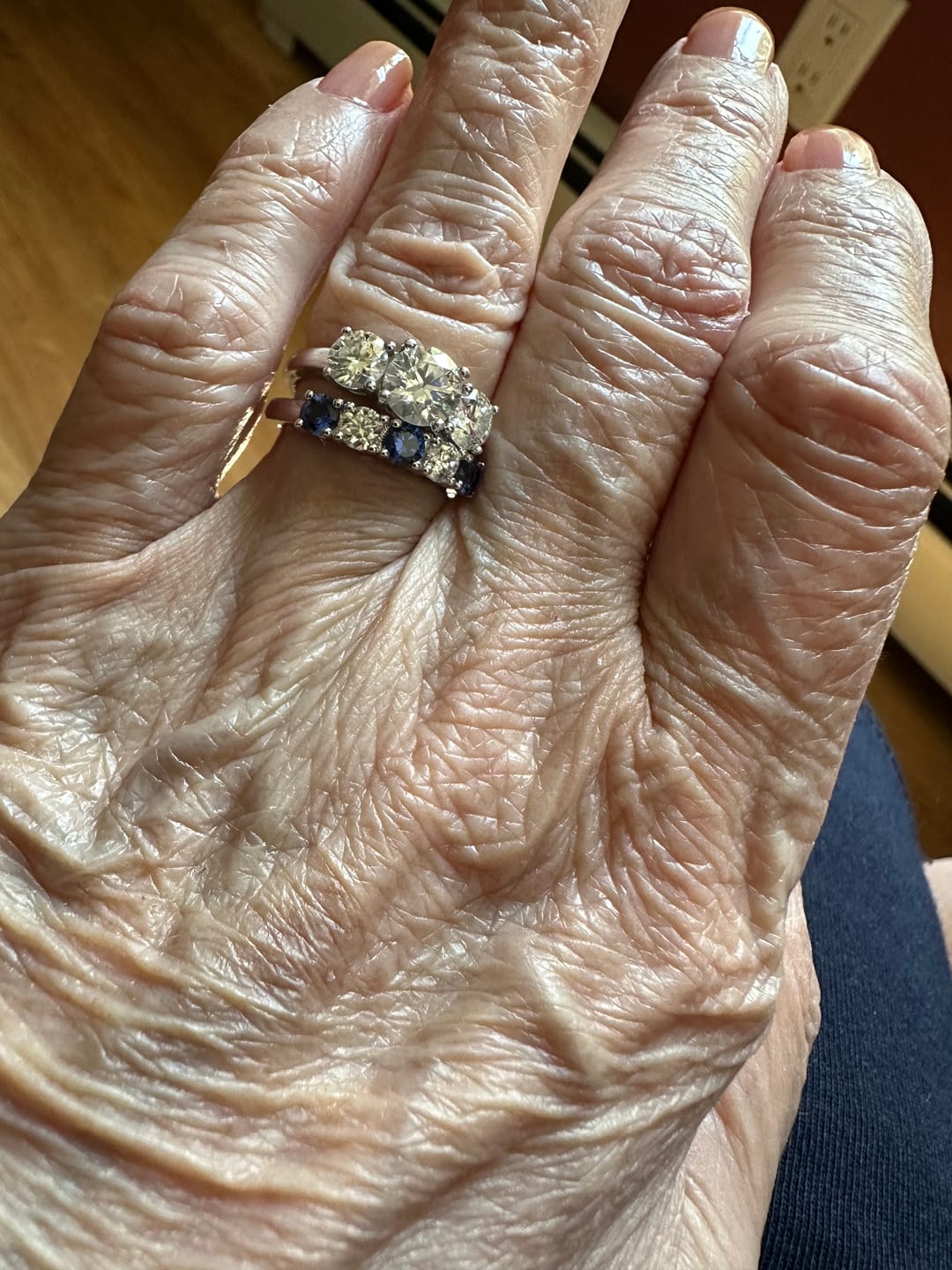 Customer photo review of Five Stone Moissanite and Sapphire Wedding Band Ring In Sterling Silver