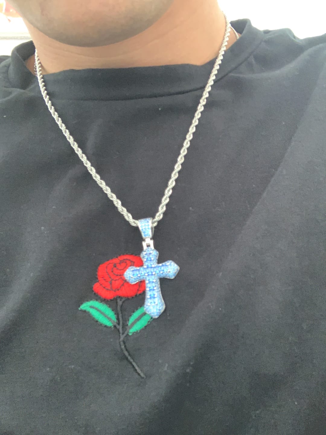 Customer photo review of BLUE CROSS PENDANT. - WHITE GOLD