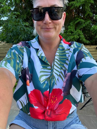 Customer photo review of Hibiscus and palm trees - Personalised Hawaiian Shirt