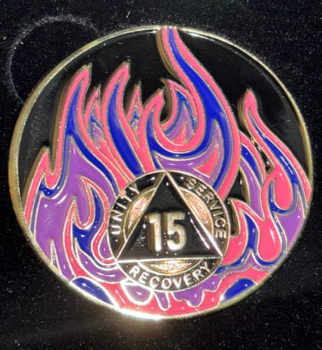 Customer photo review of 1 to 40 Year Sobriety Mint Twisted Flames Gold Plated AA Recovery Medallion/Chip/Coin - Black/Pink/Purple/Blue