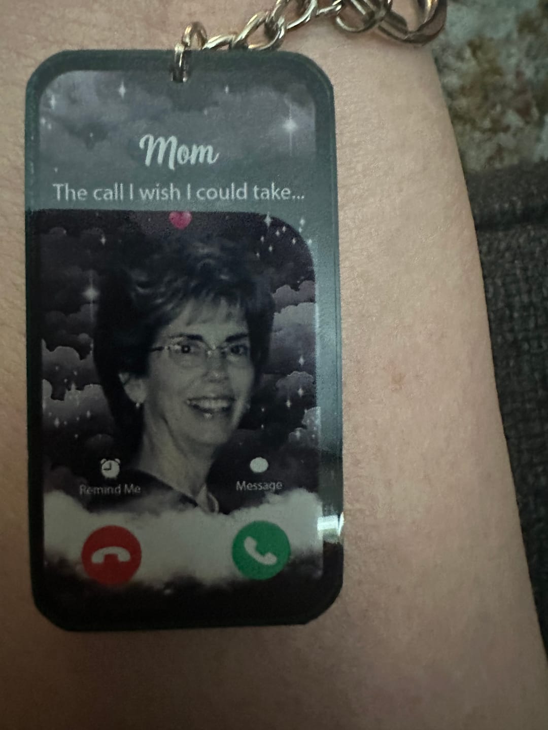 Customer photo review of The Call I Wish Memorial Sympathy Gift - Photo Inserted Different On 2 Sides Personalized Keychain
