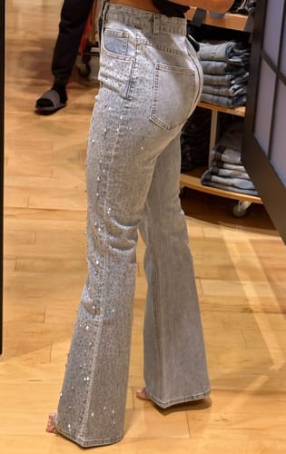 Customer photo review of High Rise Rhinestone Embellished Boot Cut Flared Jeans - Ice Blue