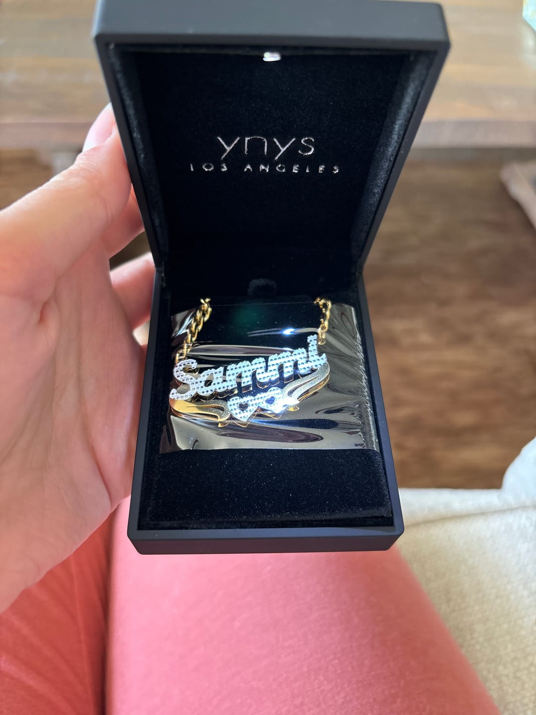 Customer photo review of Double Hearted 3D Plated Name Necklace