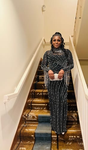 Customer photo review of Emiliana Rhinestone Pearl Maxi Dress - Black