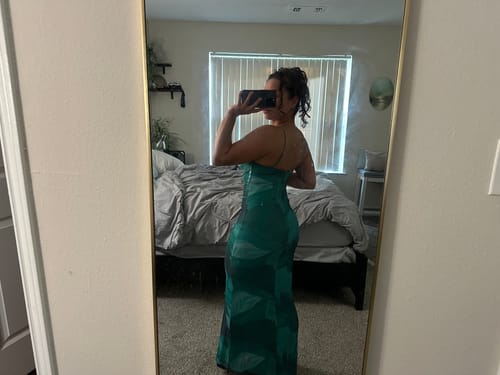 Customer photo review of Alora Multi Print Cowl Neck Lace Up Maxi Dress - Green