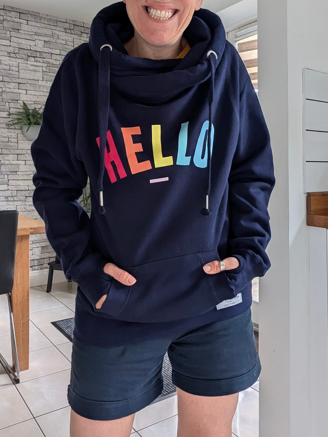 Customer photo review of Navy Confetti Hello Cowl Neck Hoodie