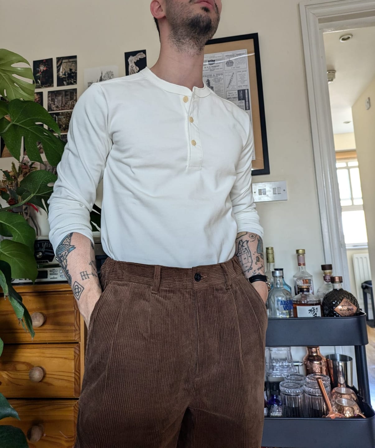 Customer photo review of Vintage Long Sleeve Henley Shirt - White