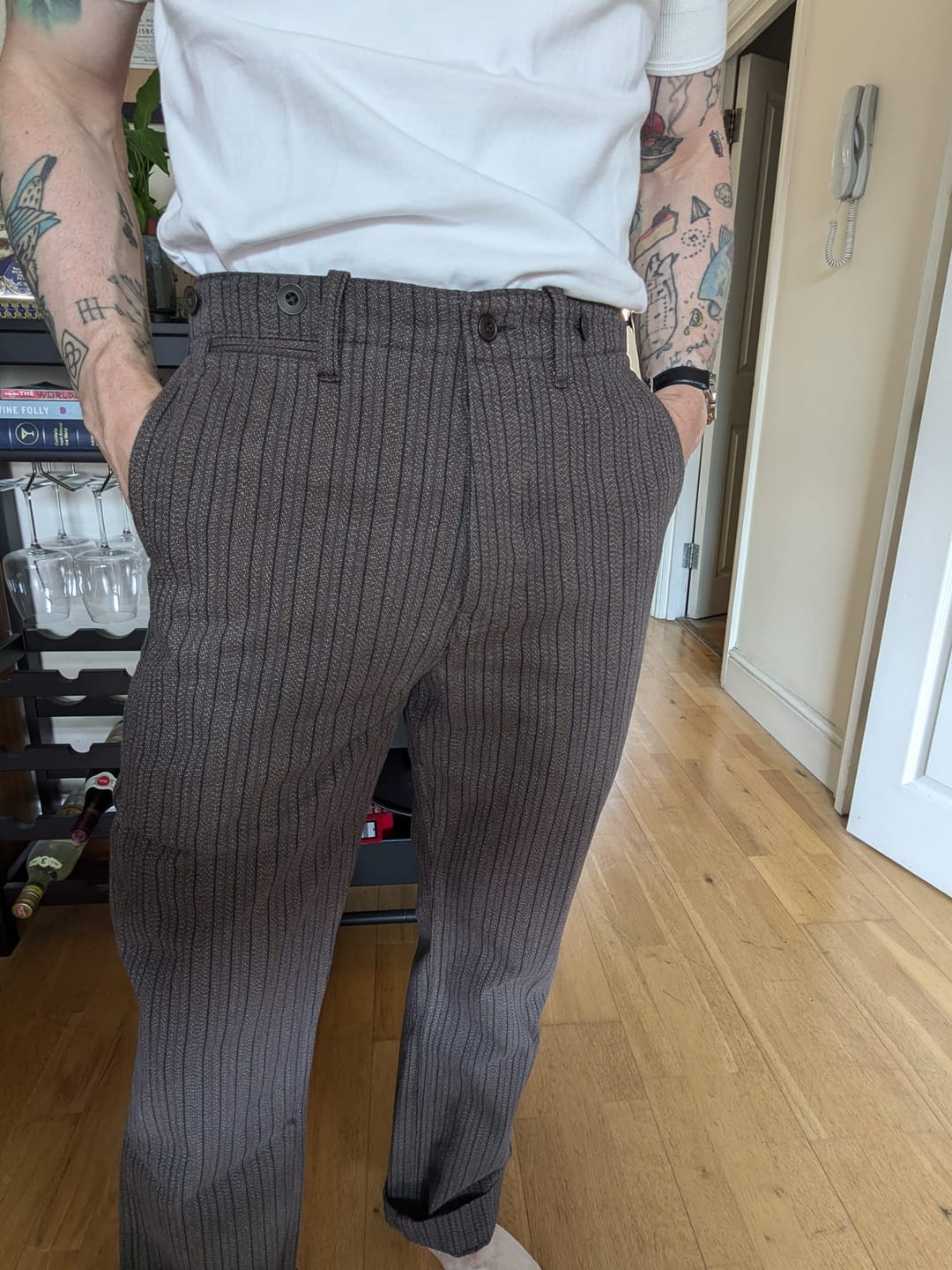 Customer photo review of French Salt & Pepper Striped Chambray Work Trousers