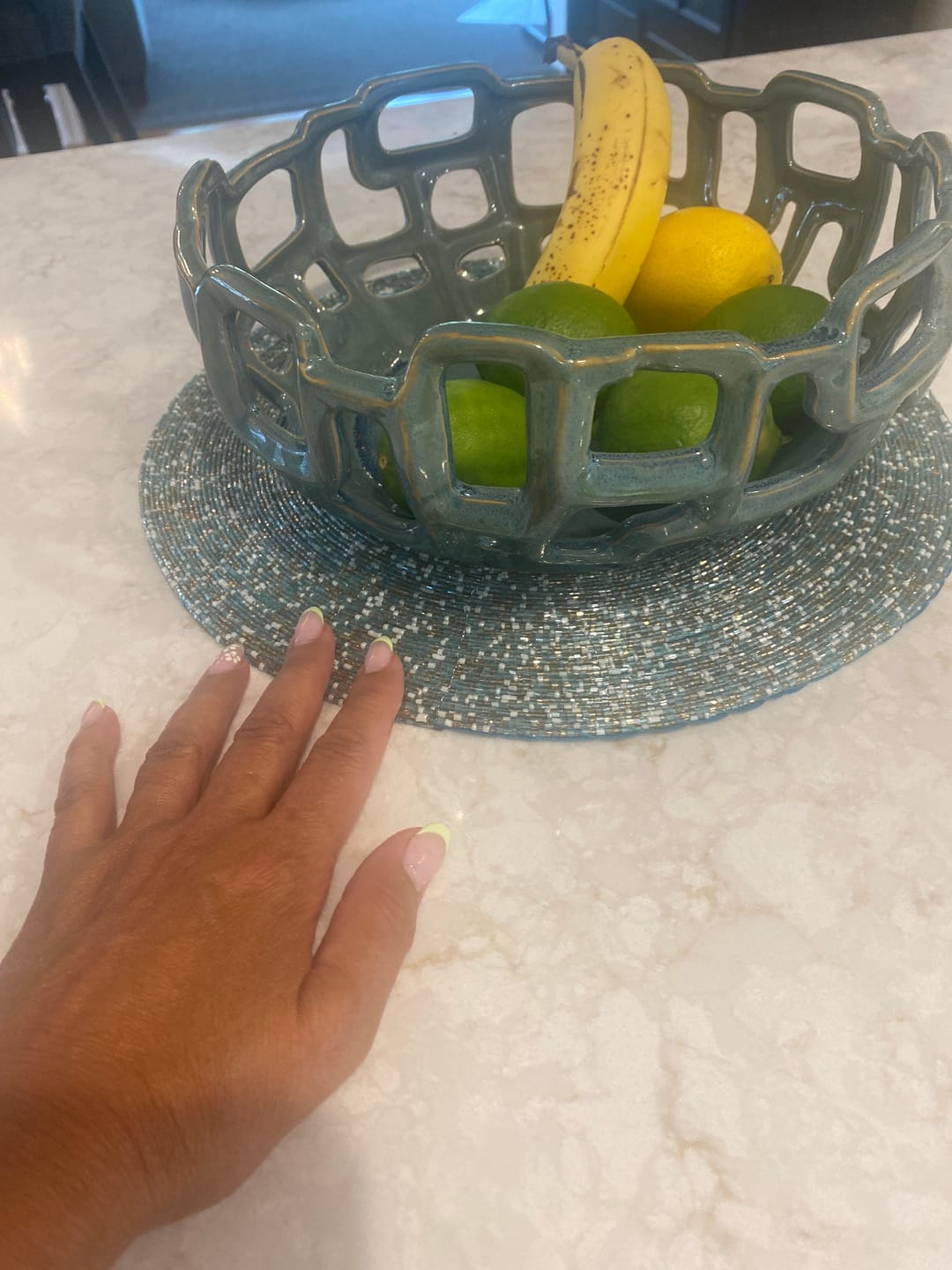 Customer photo review of Glass Beaded Placemat in Light Blue, Set of 4