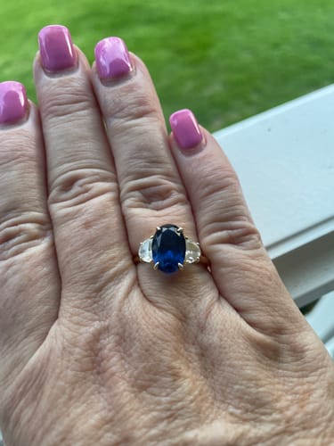 Customer photo review of Louily Yellow Gold 3.5 Carat Blue Sapphire Oval Cut Three Stone Engagement Ring In Sterling Silver