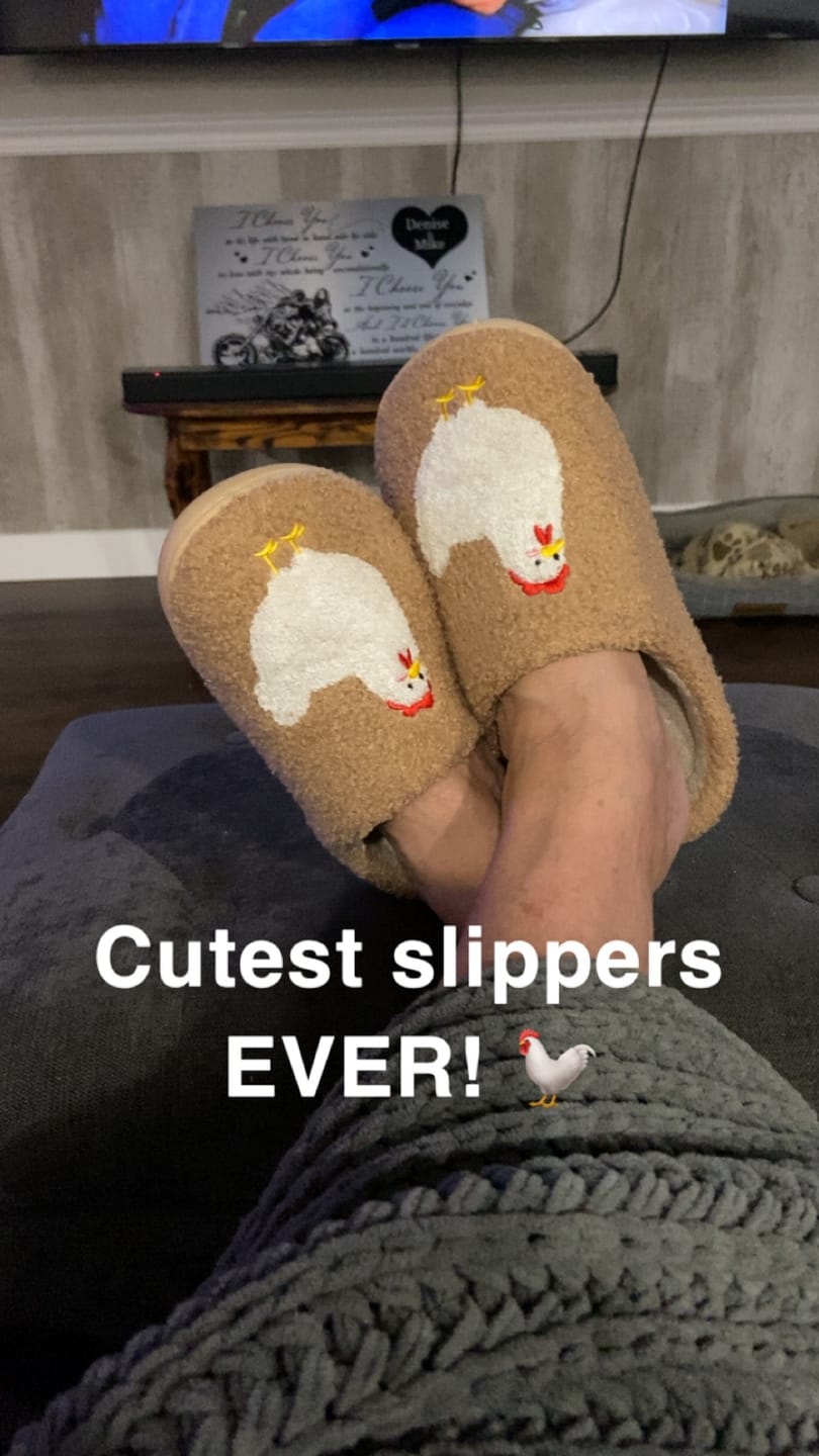 Customer photo review of Brown Fuzzy Chicken Slippers - Adult