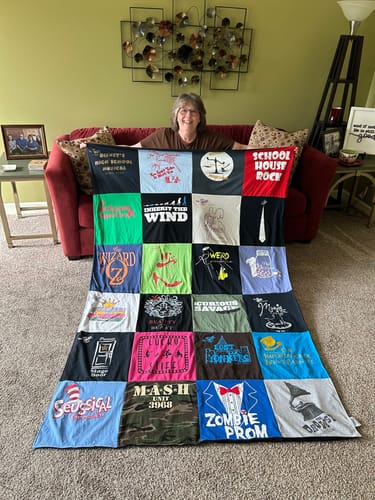 T-shirt quilt with theater, musicals themes by Karen from TN