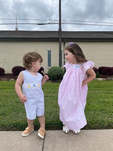 Customer photo review of Bunny Hop Smocked Pink Windowpane Dress