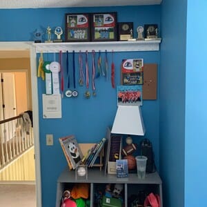 Customer photo review of 4ft Medal Awards Rack Premier Trophy Shelf- Trophy, Plaque and Medal Display