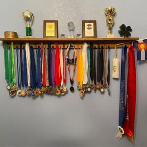 Customer photo review of 4ft Medal Awards Rack Premier Trophy Shelf- Trophy, Plaque and Medal Display