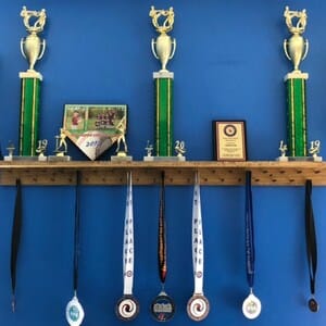 Customer photo review of 4ft Medal Awards Rack Premier Trophy Shelf- Trophy, Plaque and Medal Display
