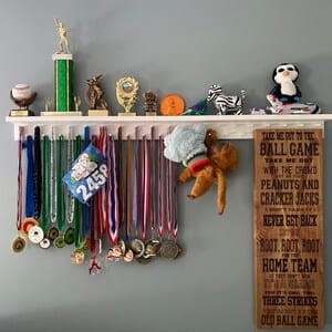 Customer photo review of 4ft Medal Awards Rack Premier Trophy Shelf- Trophy, Plaque and Medal Display