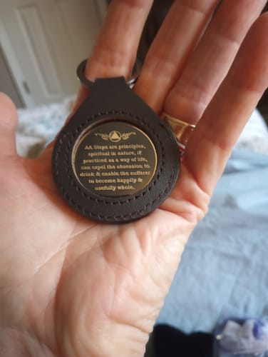 Customer photo review of Sobriety Mint 50/50 Sober Half My Life Specialty AA Recovery Medallion - Polished Gold/Black