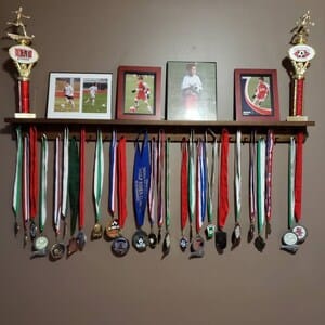 Customer photo review of 4ft Medal Awards Rack Premier Trophy Shelf- Trophy, Plaque and Medal Display