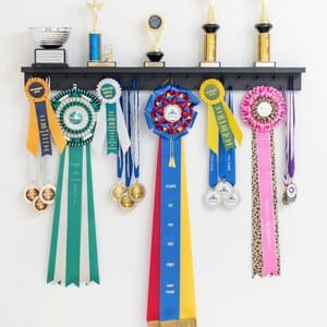 Customer photo review of 4ft Medal Awards Rack Premier Trophy Shelf- Trophy, Plaque and Medal Display