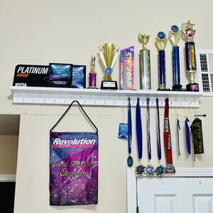 Customer photo review of 4ft Medal Awards Rack Premier Trophy Shelf- Trophy, Plaque and Medal Display