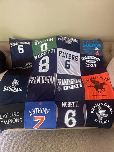 T-shirt quilt featuring framingham flyers by Amy from MA