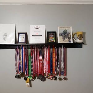 Customer photo review of 4ft Medal Awards Rack Premier Trophy Shelf- Trophy, Plaque and Medal Display