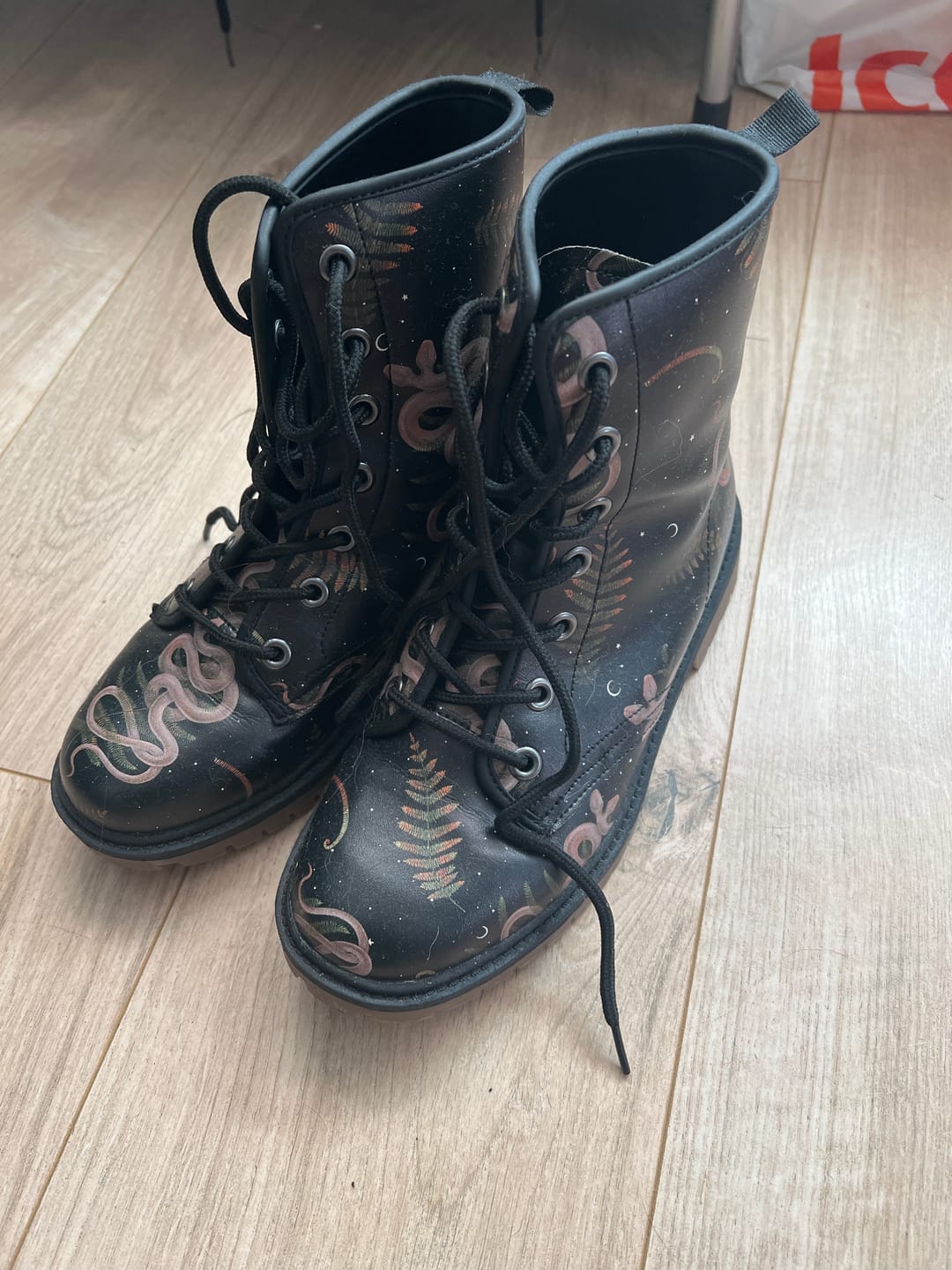 Customer photo review of Snakes and Ferns in Starry Night in Black Vegan Leather Combat Boots
