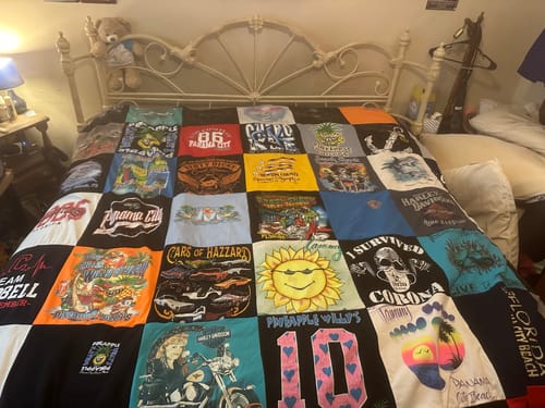 T-shirt quilt with beach, motorcycles themes by Tammy from GA