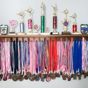 Customer photo review of 4ft Medal Awards Rack Premier Trophy Shelf- Trophy, Plaque and Medal Display