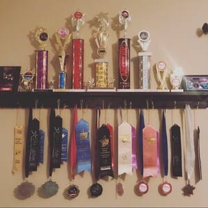 Customer photo review of 4ft Medal Awards Rack Premier Trophy Shelf- Trophy, Plaque and Medal Display