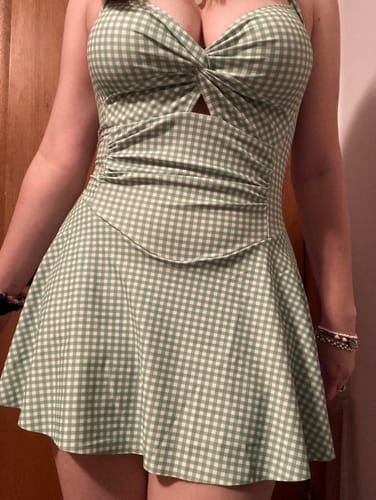 Customer photo review of Light Green 1930s Plaid Halter One-Piece Swimsuit