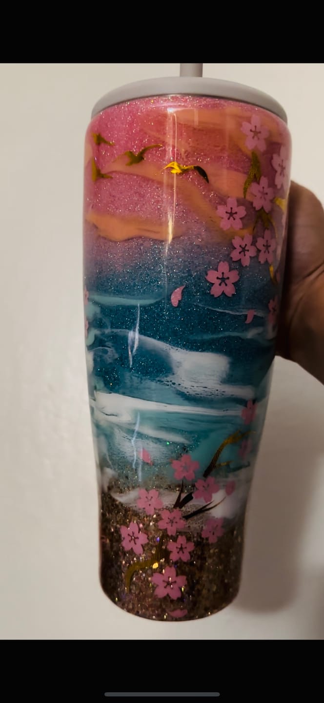 Customer photo review of PRESALE Glitter Beach Cherry Blossom Brümate 40oz