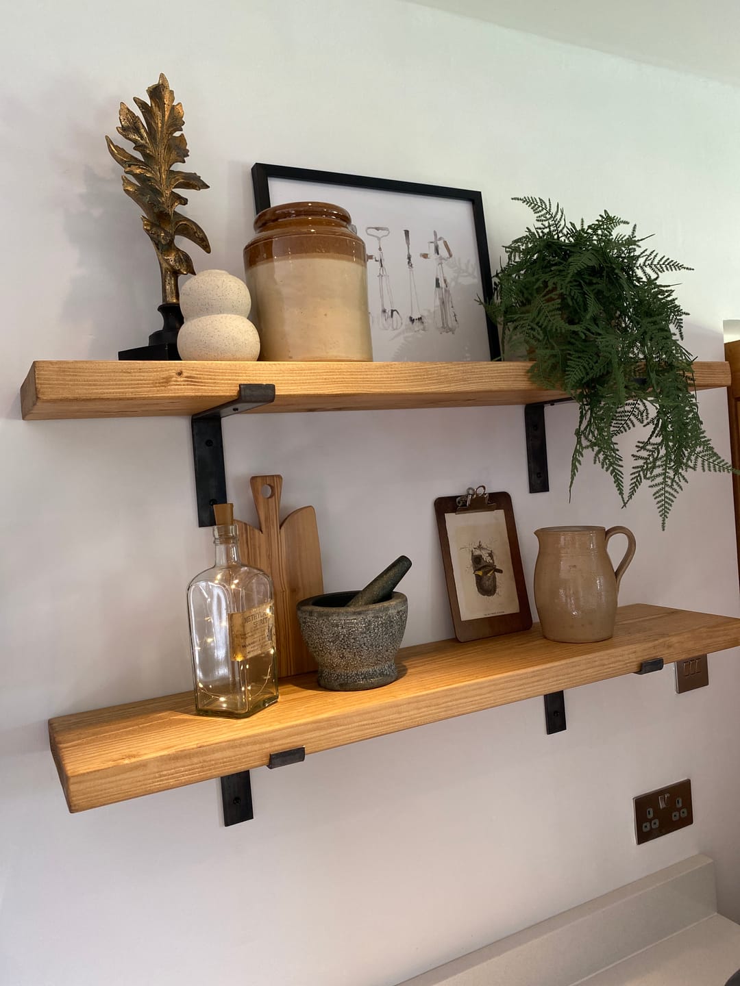 Customer photo review of Chunky Rustic Wooden Wall Shelves with Industrial Style Bracket | 22.5cm depth