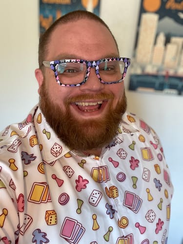 Customer photo review of Board Game Objects Meeples White Button Up Shirt