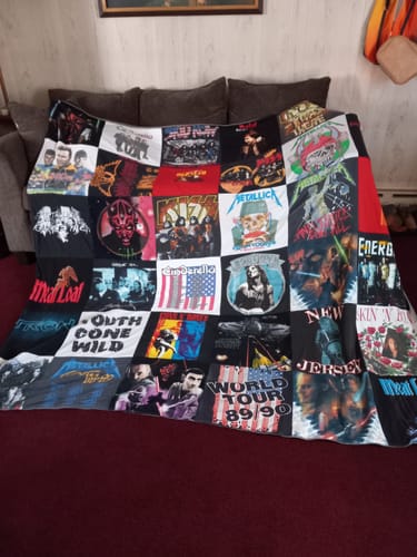 T-shirt quilt with music, rock themes by Tracy from PA