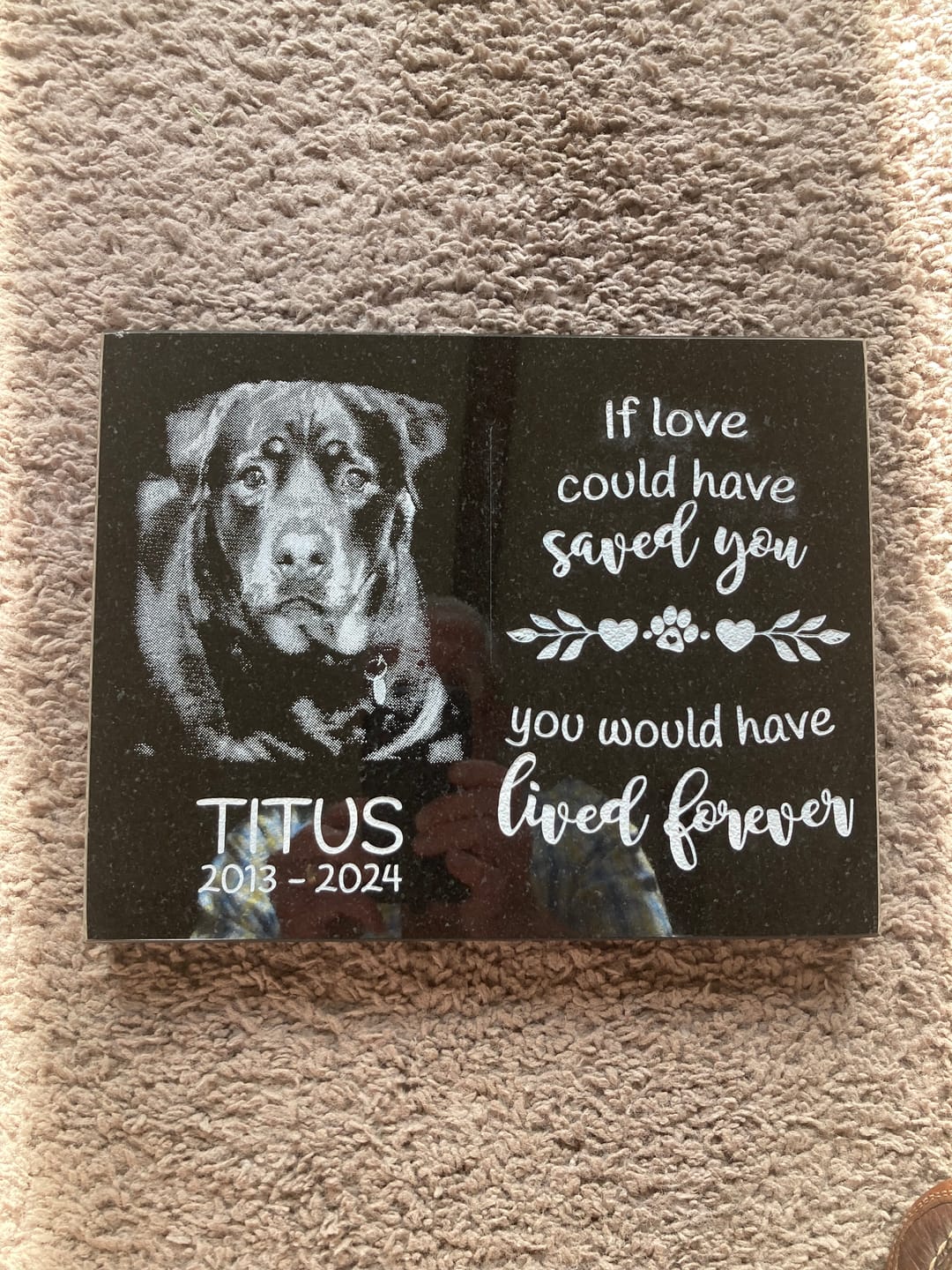 Customer photo review of Outdoor Personalized Dog Memorial Plaque Black Granite keepsake stone