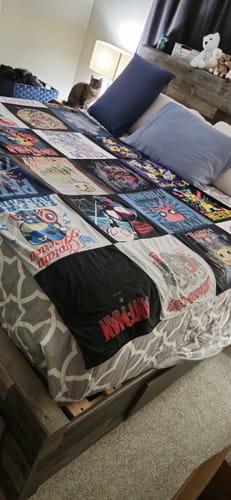 T-shirt quilt with comics, movies themes by Allison from NE