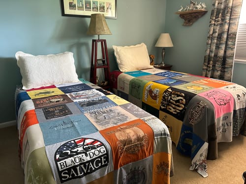 T-shirt quilt with home improvement, antiques themes by Judy from PA