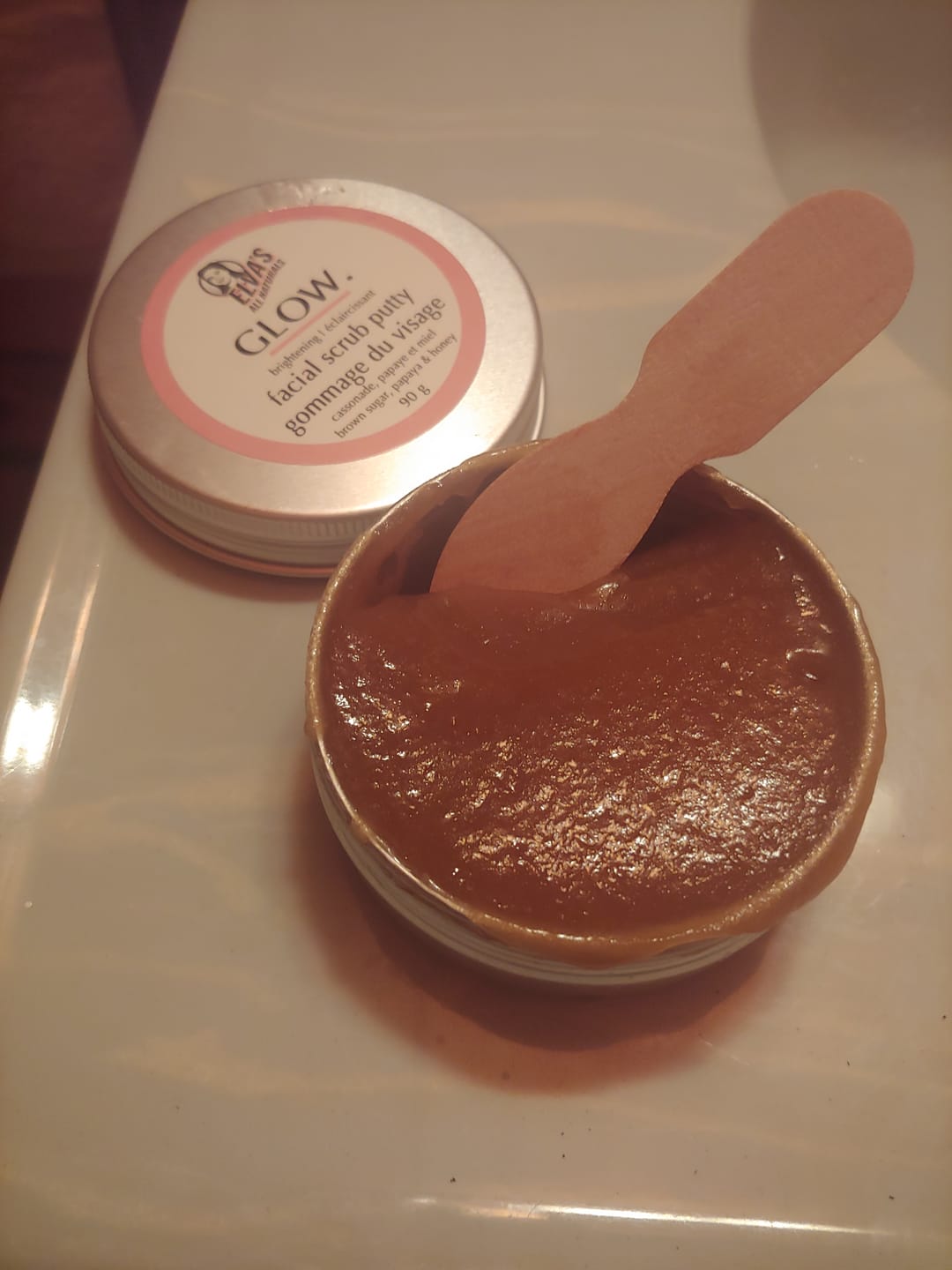 Customer photo review of GLOW. Brightening Facial Scrub Putty | With Brown Sugar, Organic Honey and Papaya Enzymes