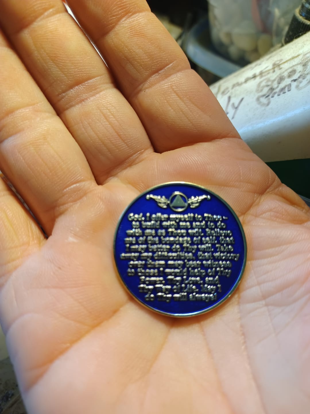 Customer photo review of 1 to 50 Year Sobriety Mint Twisted Tree of Life Gold Plated AA Recovery Medallion/Chip/Coin - Blue